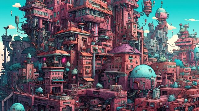 A surreal city with a colorful buildings. Fantasy concept , Illustration painting. Generative AI