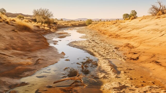 Drought-stricken landscape, with dried up river. Generative AI © Gelpi