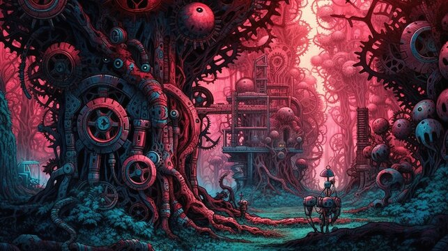 A surreal forest with trees made of gears and machinery. Fantasy concept , Illustration painting. Generative AI