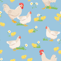 Seamless pattern with domestic birds or farm poultry. Vector pattern, texture, background with chicken for Easter and other users. Packaging design