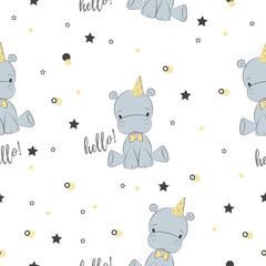Cute vector hippo character pattern with lettering hello and adorable stars.