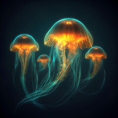 Sea jellyfishes glowing on dark background. Generative AI.