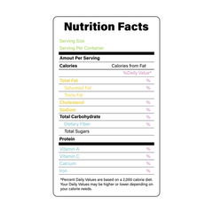 Nutrition facts label template is for content vitamins, calories, fats, protein in food. American standard guideline. Vector illustration