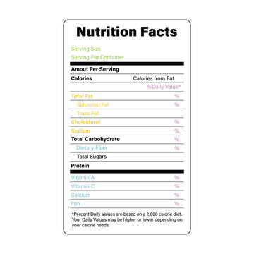 Nutrition facts label template is for content vitamins, calories, fats, protein in food. American standard guideline. Vector illustration
