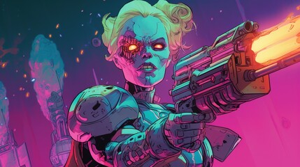 Naklejka na ściany i meble An alien cyborg with a powerful laser gun. Fantasy concept , Illustration painting. Generative AI
