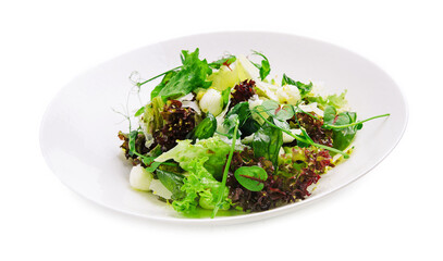 Healthy mozzarella salad on white plate