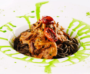 Plate with tasty soba noodles and meat