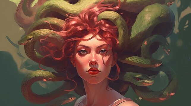 Medusa with snakes for hair. Fantasy concept , Illustration painting. Generative AI