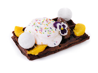 Belgian chocolate waffle with orange and ice cream