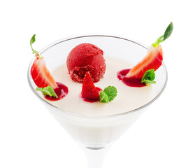 Italian dessert panna cotta with red fresh strawberries