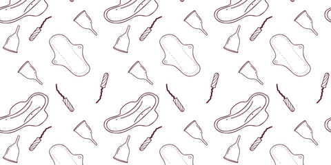 Seamless pattern with pad, tampon and menstrual cup. Doodle hand drawn vector illustration - obrazy, fototapety, plakaty