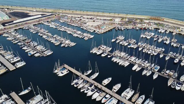 Aerial view of boats and yachts in port of Torrevieja, Spain