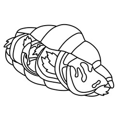 linear Croissant with tomato, basil and cheese. delicious snack with caprese. line isolated illustration, trendy design for cafe menu or logo.