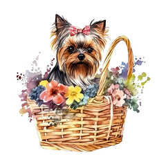 Yorkshire Terrier Dog in Picnic Basket with Flowers Watercolor Vector Illustration