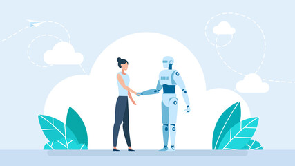 Ai robot and businesswoman handshake together. Partnership with AI. Artificial Intelligence Robot and Woman Character Shaking Hands. Cooperation with Artificial Intelligence. Flat illustration