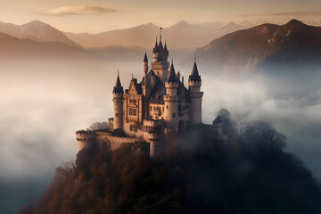 Obraz premium An enchanting castle in the midst of the mist and mountains, Generative AI