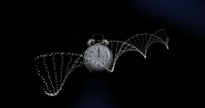Animation of clock moving over dna strand on black background