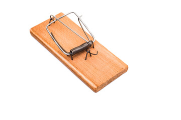 Wooden mousetrap on a white background. Mousetrap without a bait 