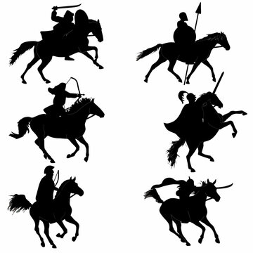 silhouettes of medieval kings and warriors on horseback, with weapons