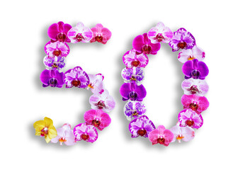 The shape of the number 50 is made of various kinds of orchid flowers. suitable for birthday, anniversary and memorial day templates