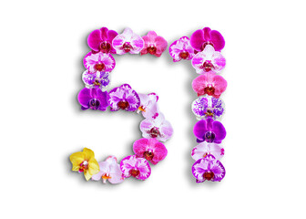 The shape of the number 51 is made of various kinds of orchid flowers. suitable for birthday, anniversary and memorial day templates