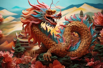 Fototapeta premium chinese dragons in front of a forest, in the style of surrealistic elements, warm tones, porcelain, graphic design poster art, layered textures and patterns, created with generative ai