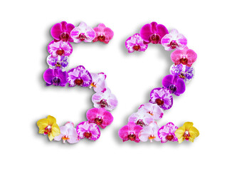 The shape of the number 52 is made of various kinds of orchid flowers. suitable for birthday, anniversary and memorial day templates