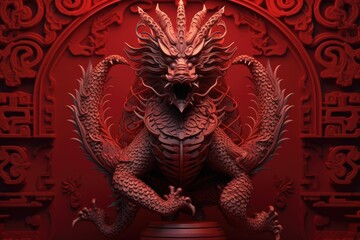 Fototapeta premium Happy Chinese new year dragon Zodiac sign, A red and gold chinese dragon in the style of luminous objects, created with generative ai