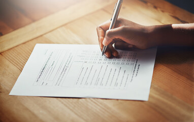Hand, survey and pen writing on checklist for legal contract, loan application data or insurance...