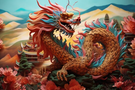 chinese dragons in front of a forest, in the style of surrealistic elements, warm tones, porcelain, graphic design poster art, layered textures and patterns, created with generative ai