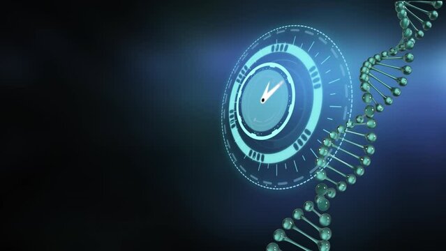 Animation of clock moving over dna strand on blue and black background