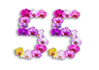 The shape of the number 55 is made of various kinds of orchid flowers. suitable for birthday, anniversary and memorial day templates