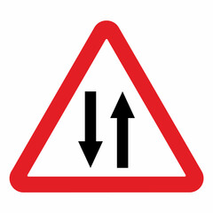 Two way road sign A9. An image of a bidirectional triangle sign with a red border. Traffic in both directions, Both way traffic. Vector illustration at triangle shape.