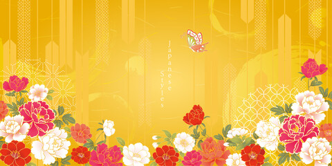 japanese style　豪華な和風の牡丹花と金色の背景　初売り　新年のご挨拶　新春セール