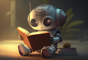 Fototapeta premium 3D rendering of a little robot reading a book in a dark room generative ai