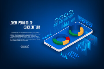 Vector finance and trading online application concept. Mobilephone and graph hologram isometric.