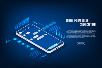 Vector social media communication and chatting on mobile app. Smartphone isometric mockup.