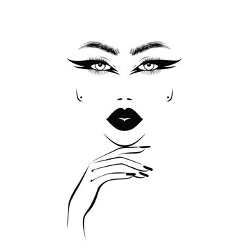 Beauty logo design, woman with night make up, lush eyelashes, hand with black nails. Nail art studio. Hair studio. Vector illustration