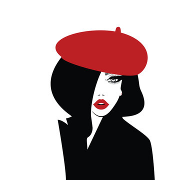 Attractive woman in red fashion beret, fashion model with bright make up. Vector illustration