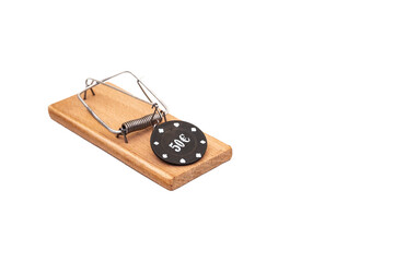 Isolated Mousetrap with a Poker Chip as Bait. Gambling Addiction Concept.