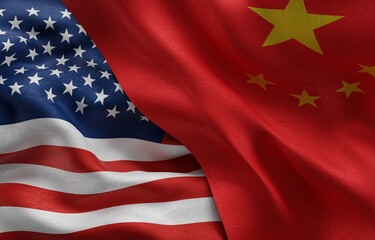 american vs CHINA flag of silk background, Close-Up waving flag. 3d Rendering