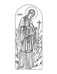 Saint Parascheva of the Balkans. Illustration in Byzantine style. Coloring page on white background