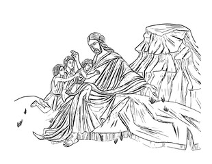 Jesus Christ and kids. Illustration - fresco in Byzantine style. Coloring page on white background