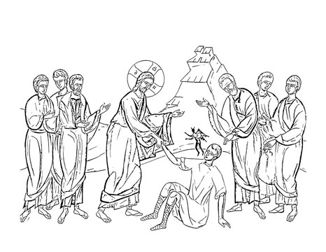 Legion (demons). Nomen illis legio. Coloring page on white background