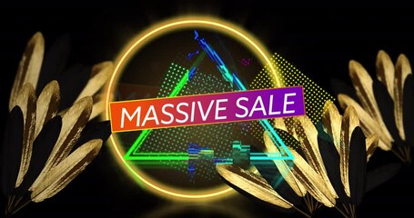 Animation of massive sale text and neon shapes over leaves on black background - Powered by Adobe