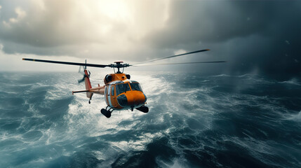  Rescue helicopter over the sea. AI generation