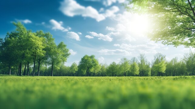 Spring Serenity: Beautiful Blurred Background Of Neat Lawn And Trees Against A Sunny Blue Sky