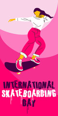 Poster of the International Skateboarding Day. A girl rides a skateboard on a pink background. Skateboard tricks, skateboarding, jumping. Banner with bright people for the holiday on June 21