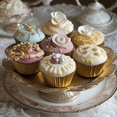 A delightful assortment of colorful and mouthwatering cupcakes, beautifully decorated and a touch of sweetness, perfect for indulging in a moment of pure delight.