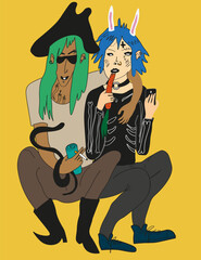 couple of morginale characters in vector.punk anarchist characters in primitive style.couple of guys with bright appearance.lovers,friends.bunny ears,carrot,snake,hat,piercing,tattoo,makeup,bdsm,lgbt,
